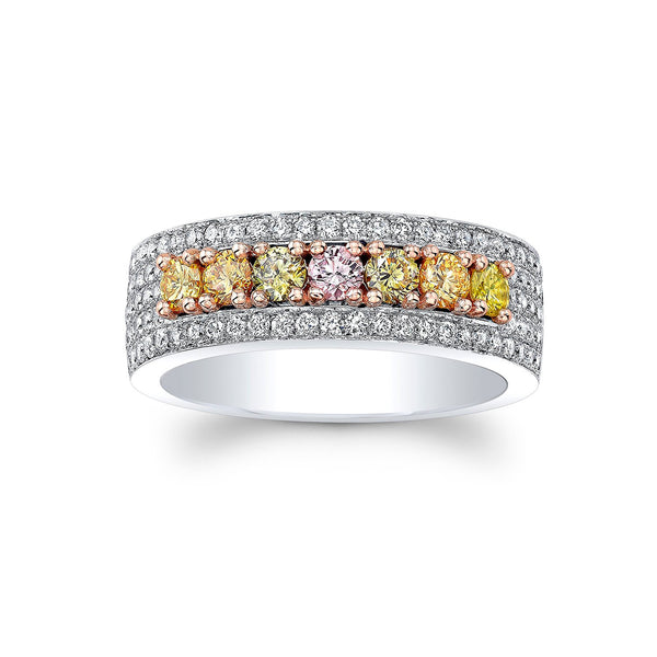 array of fancy diamonds in rose gold<br>framed by rows of by white diamond pavé in white gold <span class='visuallyhidden'>. Contact us through this website or by calling the Beverly Hills store 323-404-2959 for shopping assistance.</span>